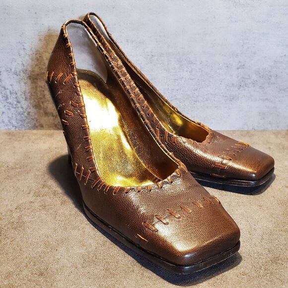 Dolce & Gabbana Vintage Y2K 90s Quiet Luxury Brown Leather Square Toe Heels 39 - Picture 6 of 16